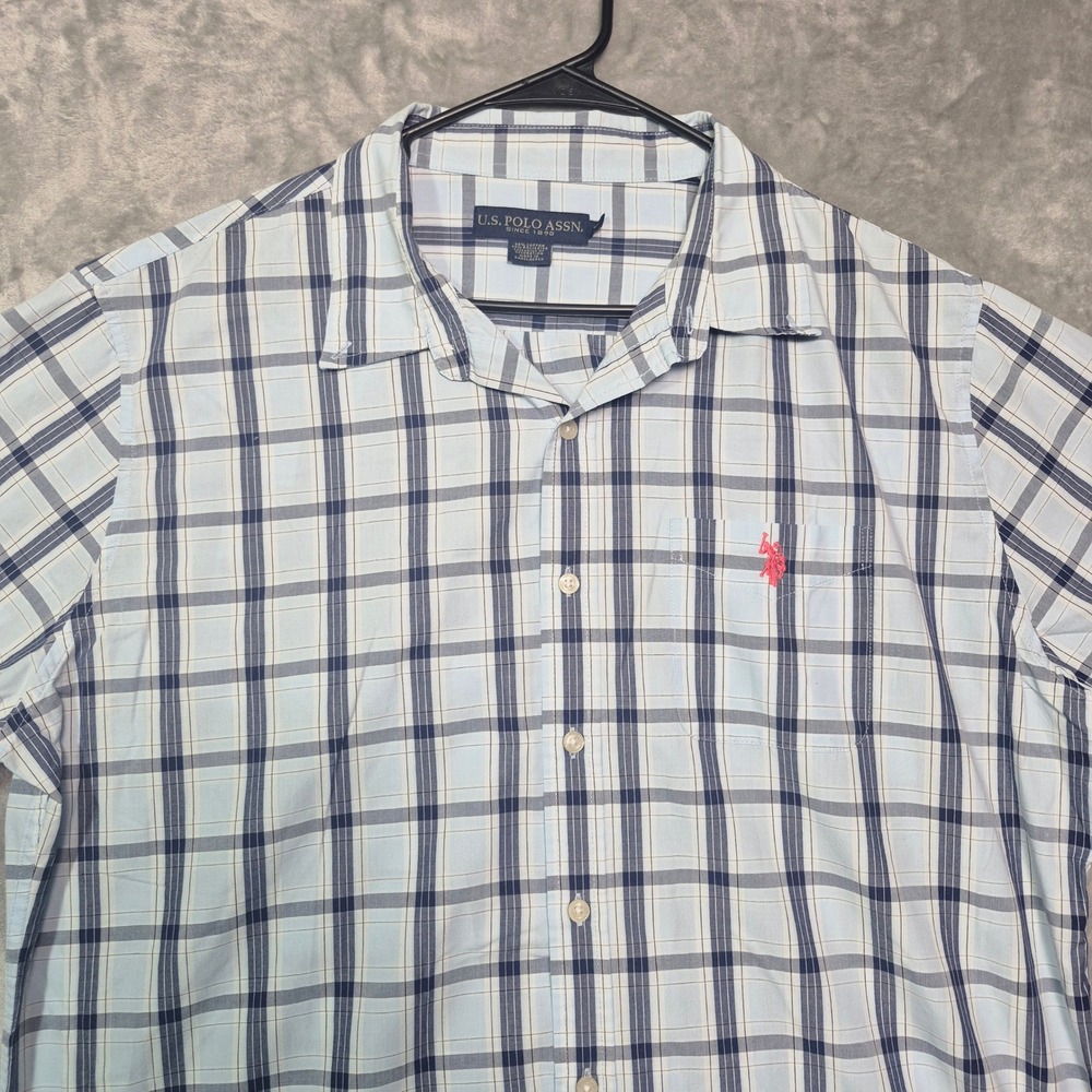 US Polo Assn Mens XL Short Sleeve Plaid Button Up Shirt Blue White Logo Pocket